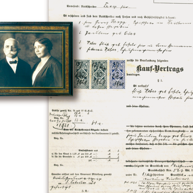 Abbildung eines alten Kaufvertrages und des Ehepaares Pauline und Georg Kropp